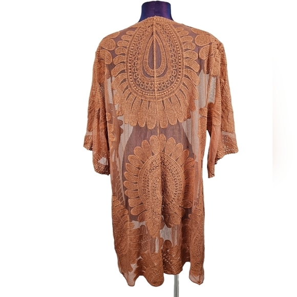Style Apparel Sheer Lace Kimono Burnt Orange Bell‎ Sleeve Swim Cover-Up Small - Picture 6 of 10